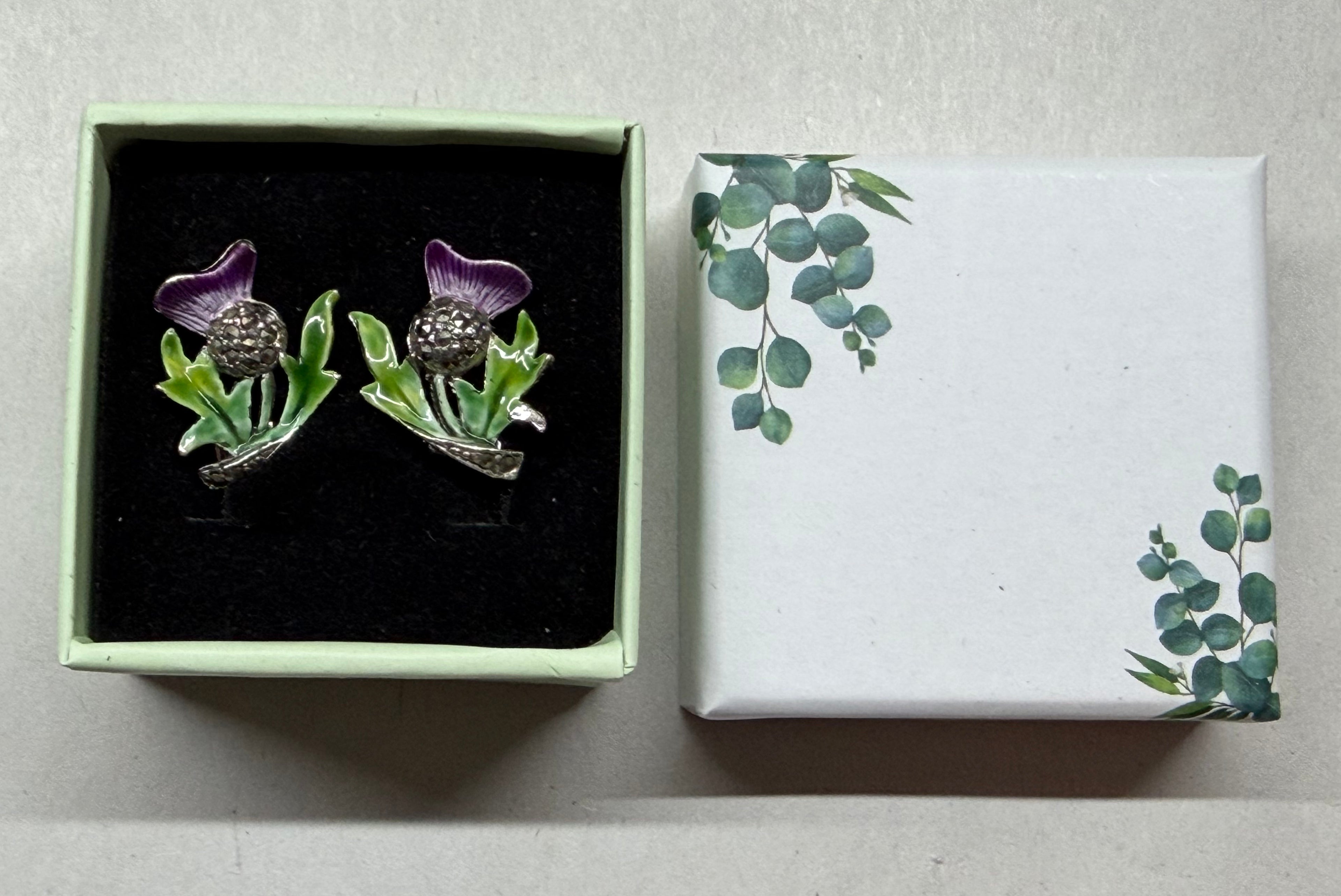 Vintage Scottish Thistle Clip-On Earrings, Purple Green Enamel Marcasite Celtic Jewelry