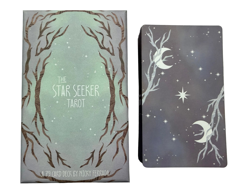 The Star Seeker Tarot card deck box and card box set, featuring a celestial design with crescent moons, stars, and tree branches on a light gray background.
