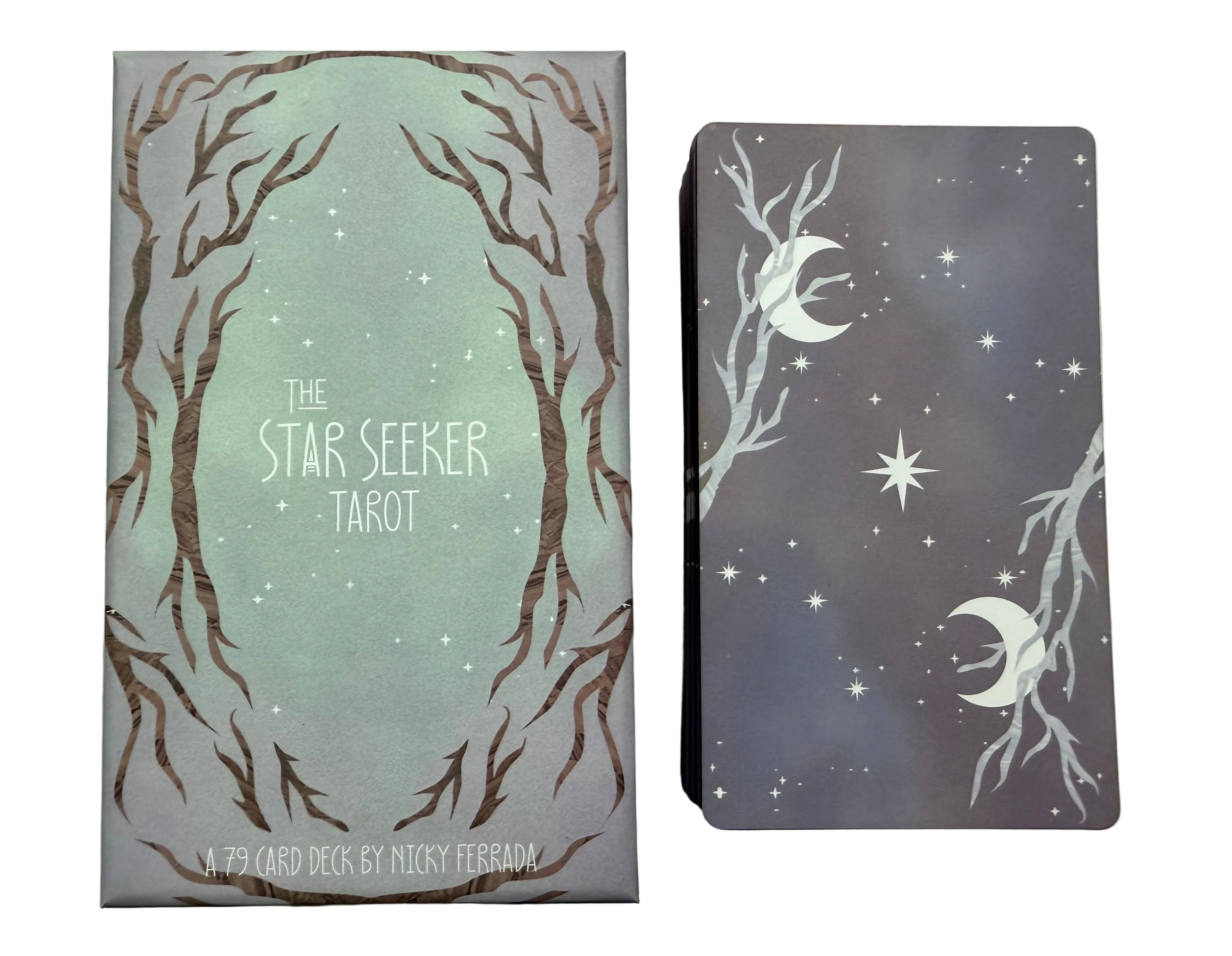 The Star Seeker Tarot card deck box and card box set, featuring a celestial design with crescent moons, stars, and tree branches on a light gray background.