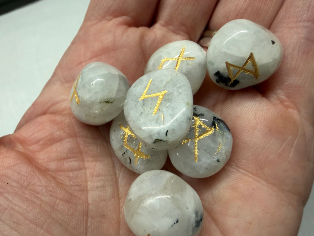Rainbow Moonstone Rune Set, 25 Natural Gemstone Elder Futhark Runes with Velvet Pouch