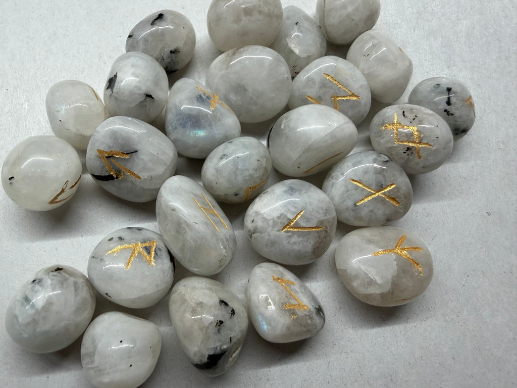 Rainbow Moonstone Rune Set, 25 Natural Gemstone Elder Futhark Runes with Velvet Pouch