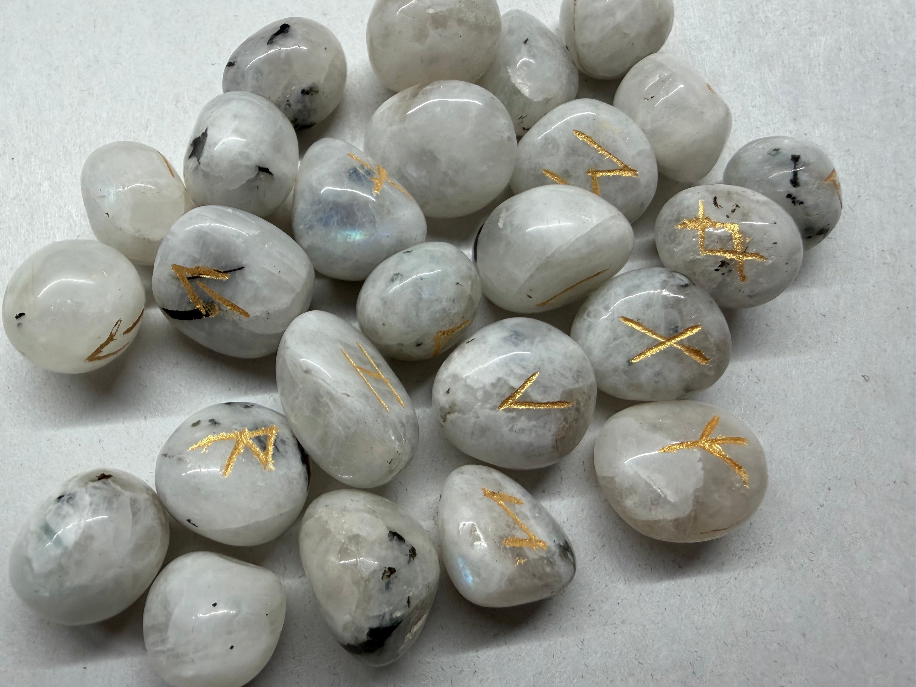 Rainbow Moonstone Rune Set, 25 Natural Gemstone Elder Futhark Runes with Velvet Pouch