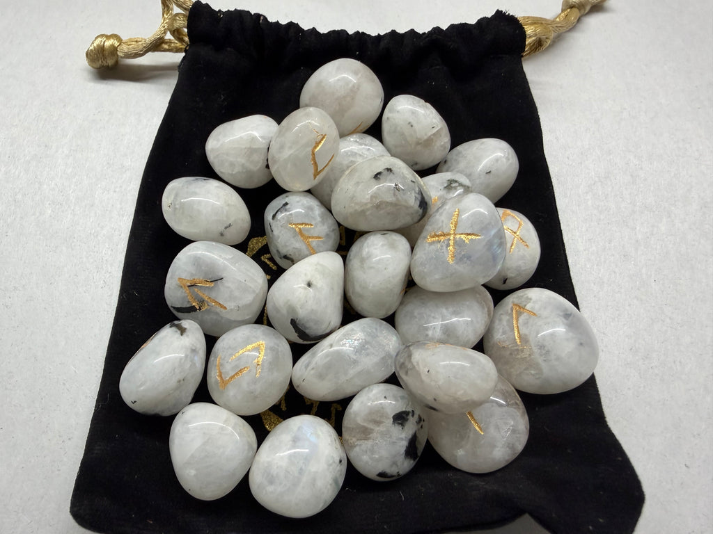 Rainbow Moonstone Rune Set, 25 Natural Gemstone Elder Futhark Runes with Velvet Pouch