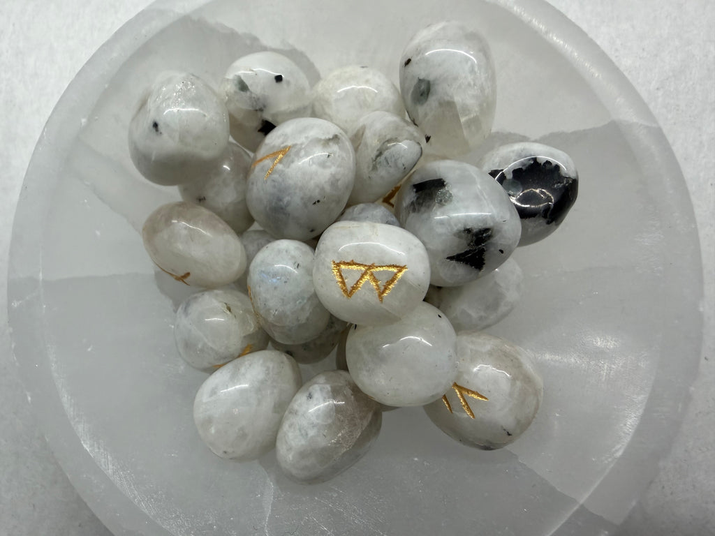 Rainbow Moonstone Rune Set, 25 Natural Gemstone Elder Futhark Runes with Velvet Pouch
