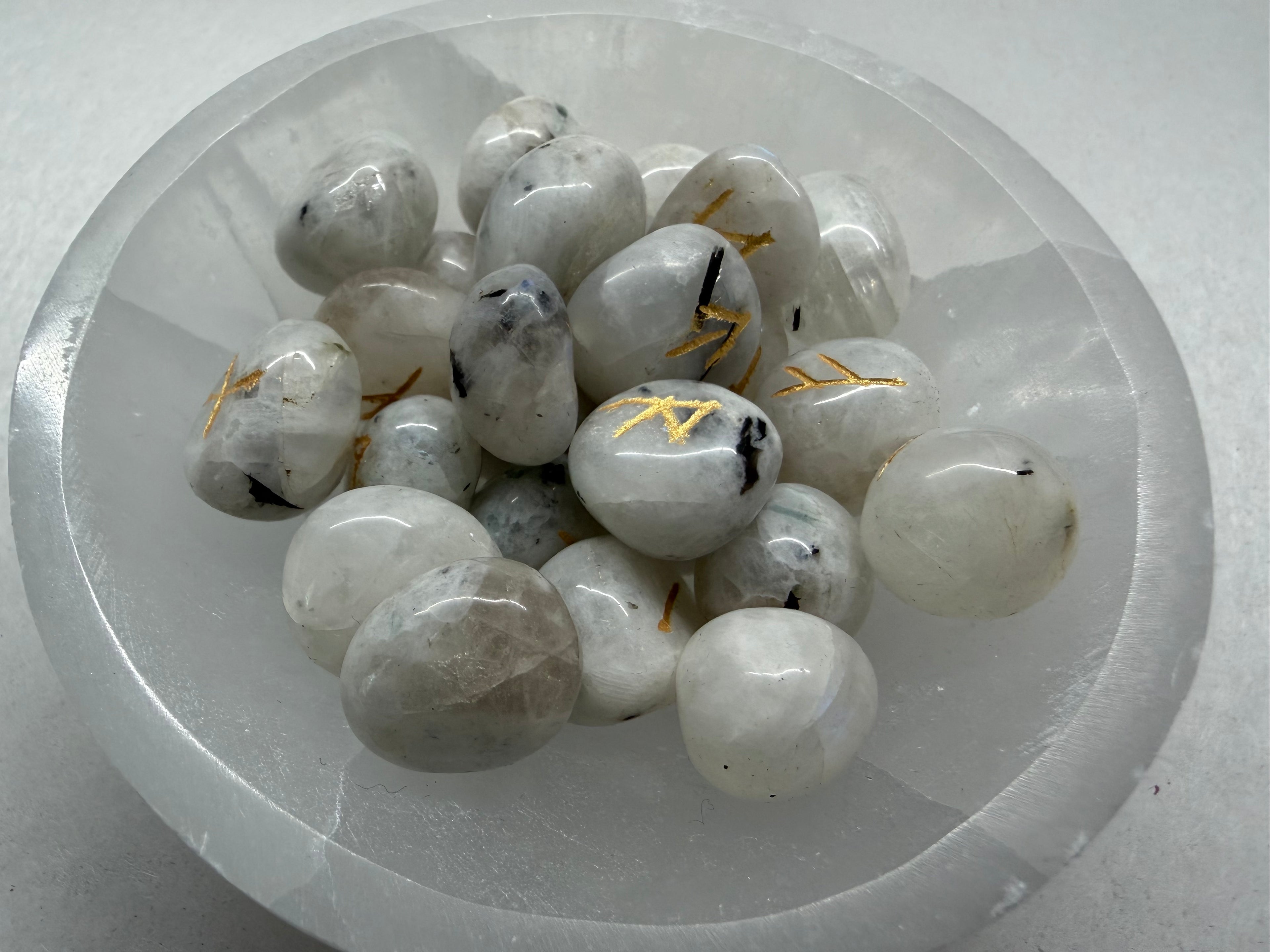 Rainbow Moonstone Rune Set, 25 Natural Gemstone Elder Futhark Runes with Velvet Pouch