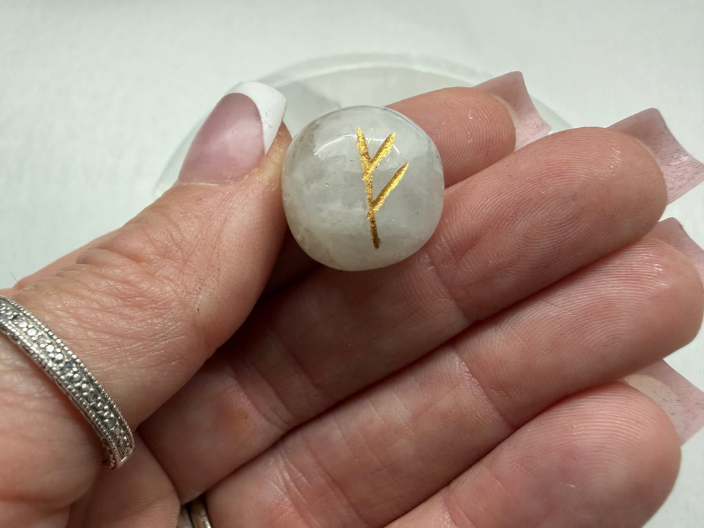 Rainbow Moonstone Rune Set, 25 Natural Gemstone Elder Futhark Runes with Velvet Pouch