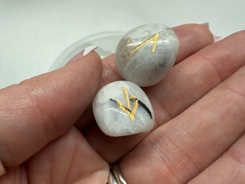 Rainbow Moonstone Rune Set, 25 Natural Gemstone Elder Futhark Runes with Velvet Pouch