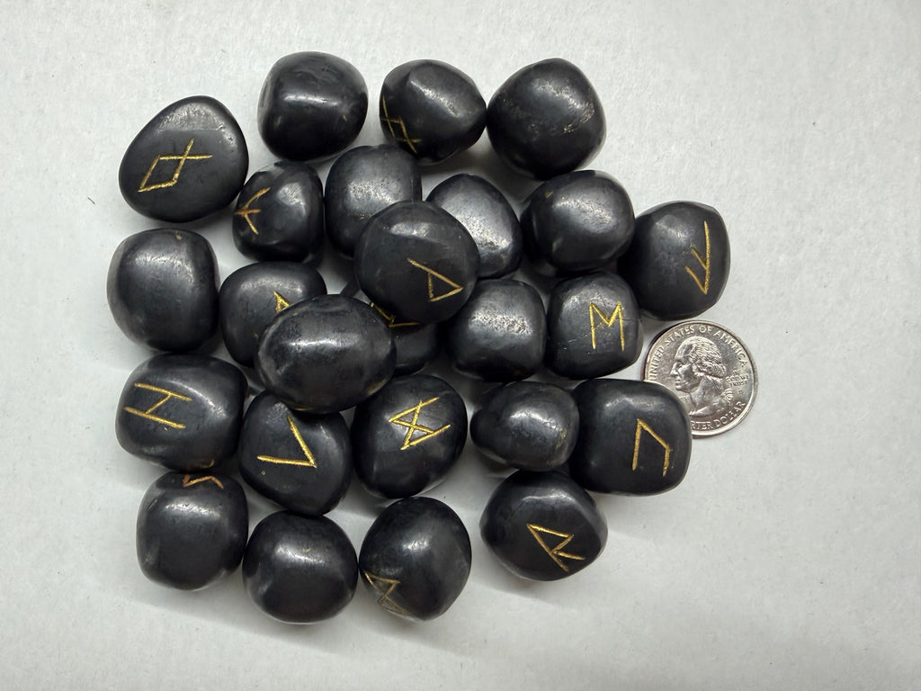 Shungite Rune Set, 25 Natural Gemstone Elder Futhark Runes with Velvet Bag and Cheat Sheet