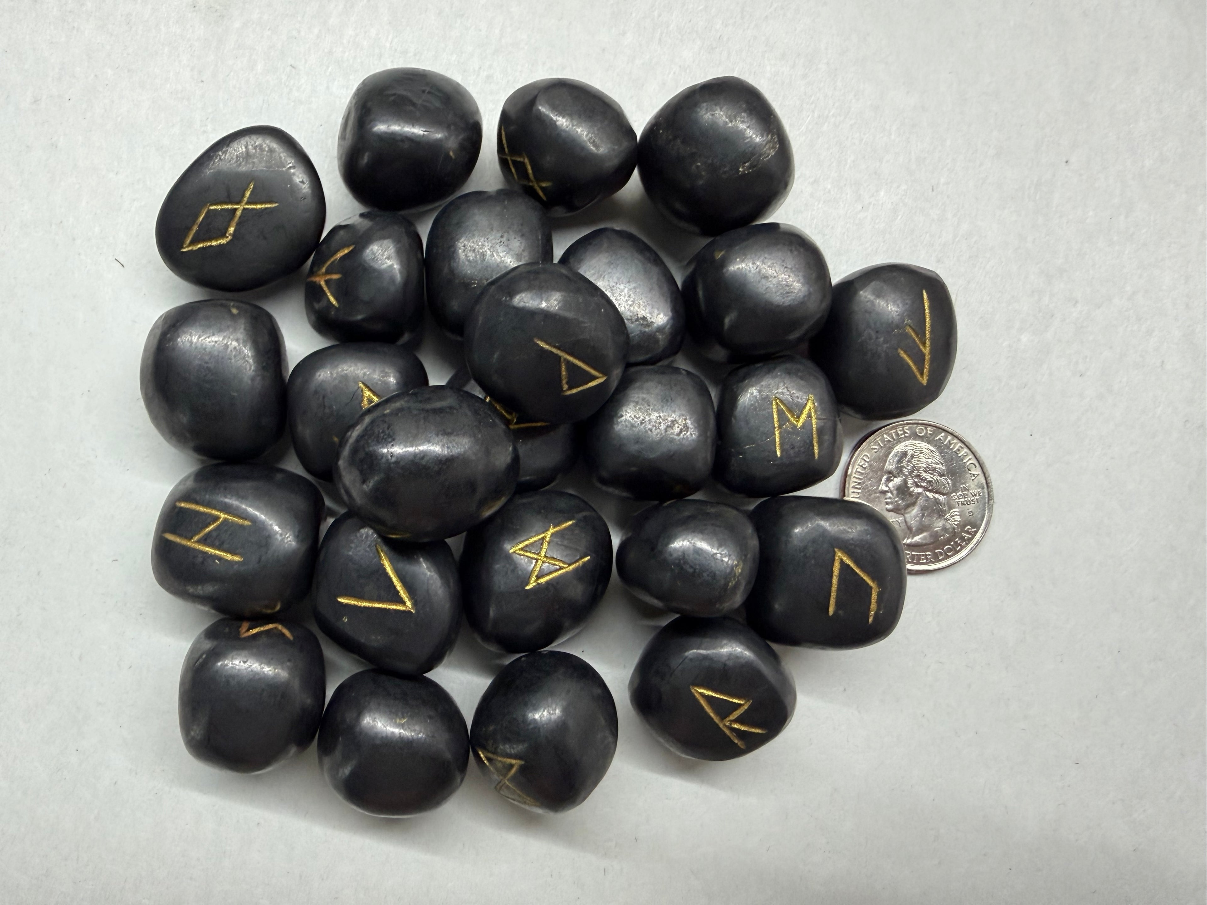 Shungite Rune Set, 25 Natural Gemstone Elder Futhark Runes with Velvet Bag and Cheat Sheet