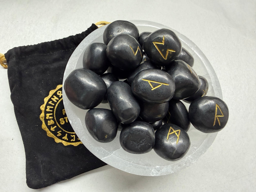 Shungite Rune Set, 25 Natural Gemstone Elder Futhark Runes with Velvet Bag and Cheat Sheet