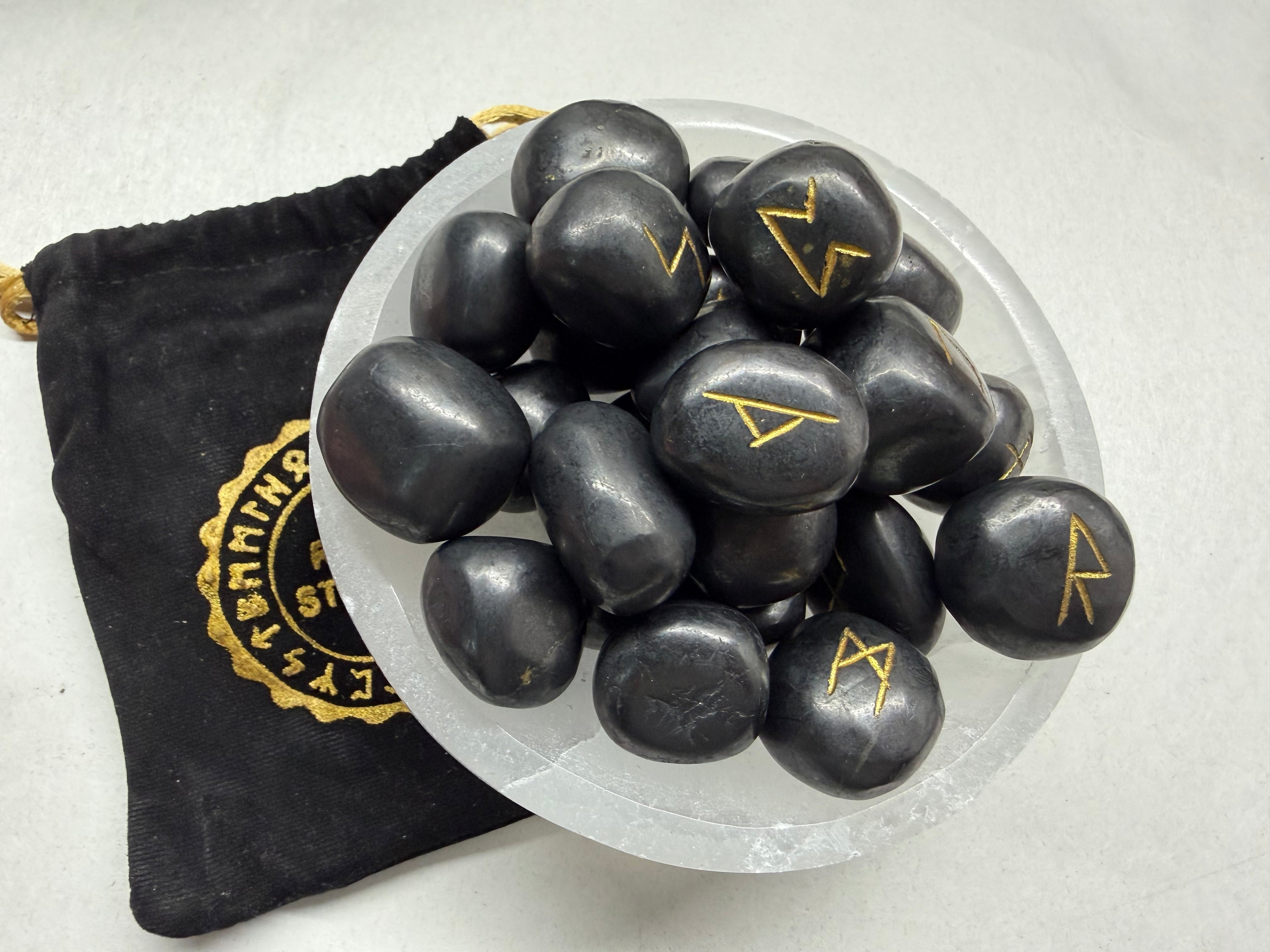 Shungite Rune Set, 25 Natural Gemstone Elder Futhark Runes with Velvet Bag and Cheat Sheet