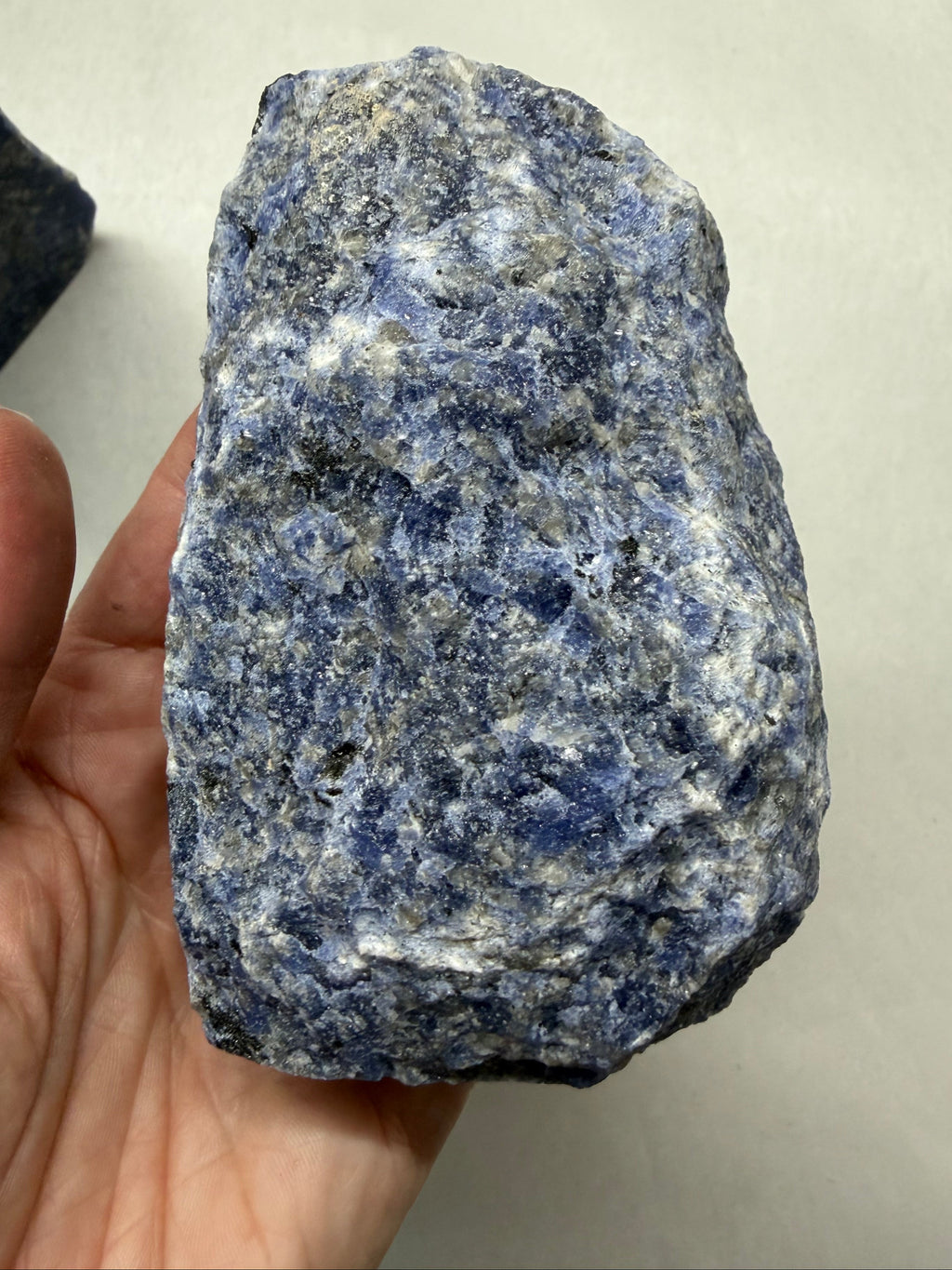 A hand holding a rough blue and white speckled stone or mineral sample against a plain light background.