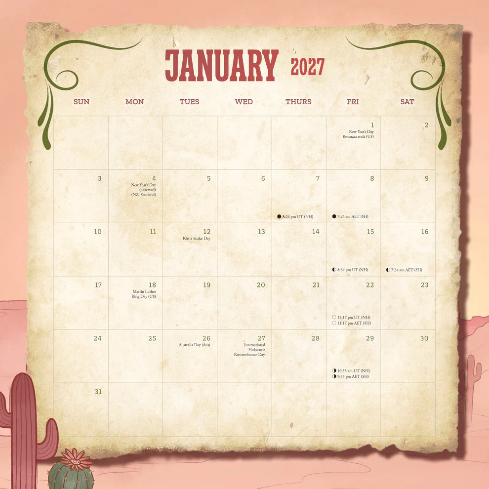 January 2027 calendar on a textured paper background with decorative elements.