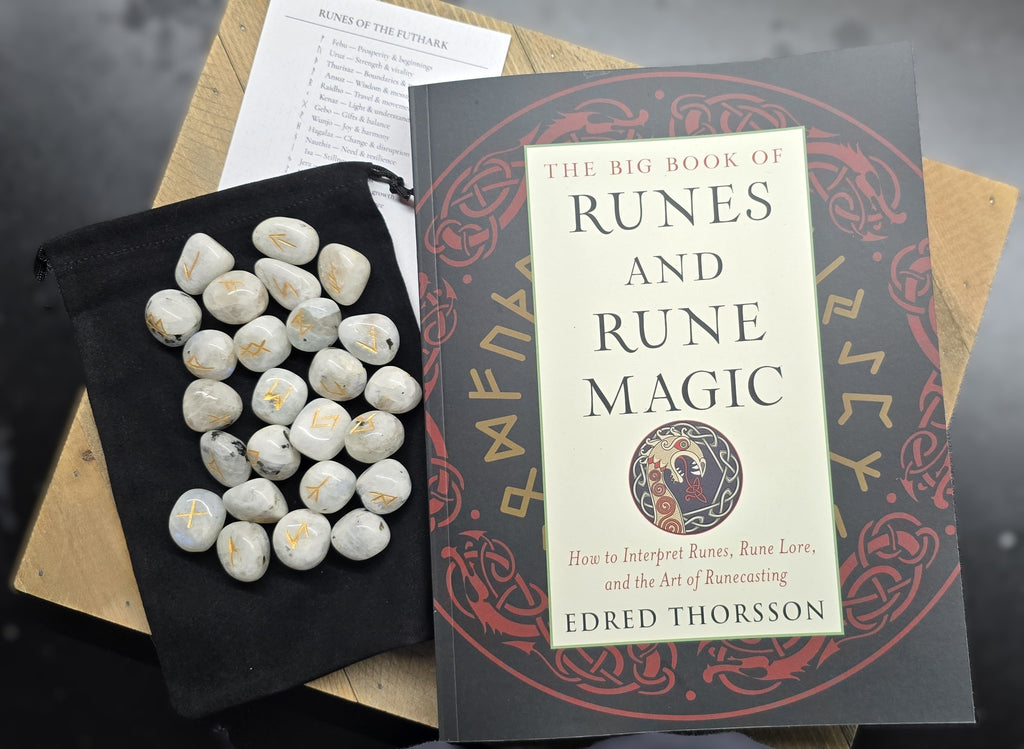 The Big Book of Runes & Rune Stones Rainbow Moonstone, Black Agate, Shungite, Bundle