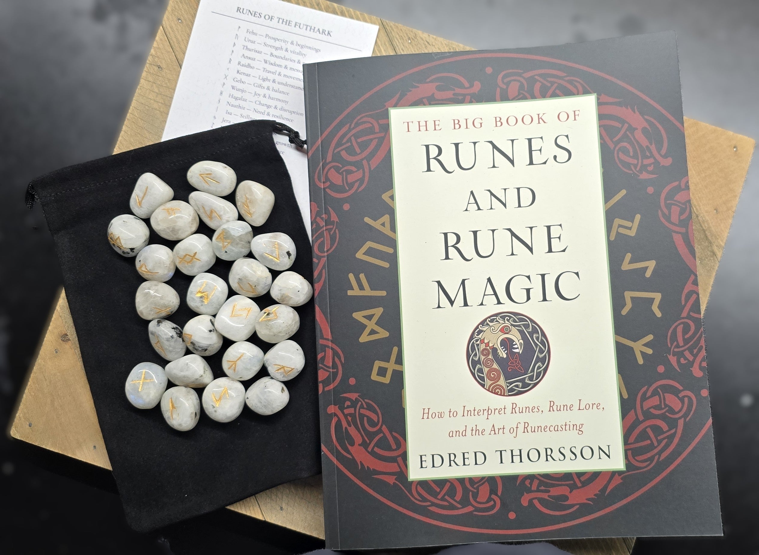 The Big Book of Runes & Rune Stones Rainbow Moonstone, Black Agate, Shungite, Bundle