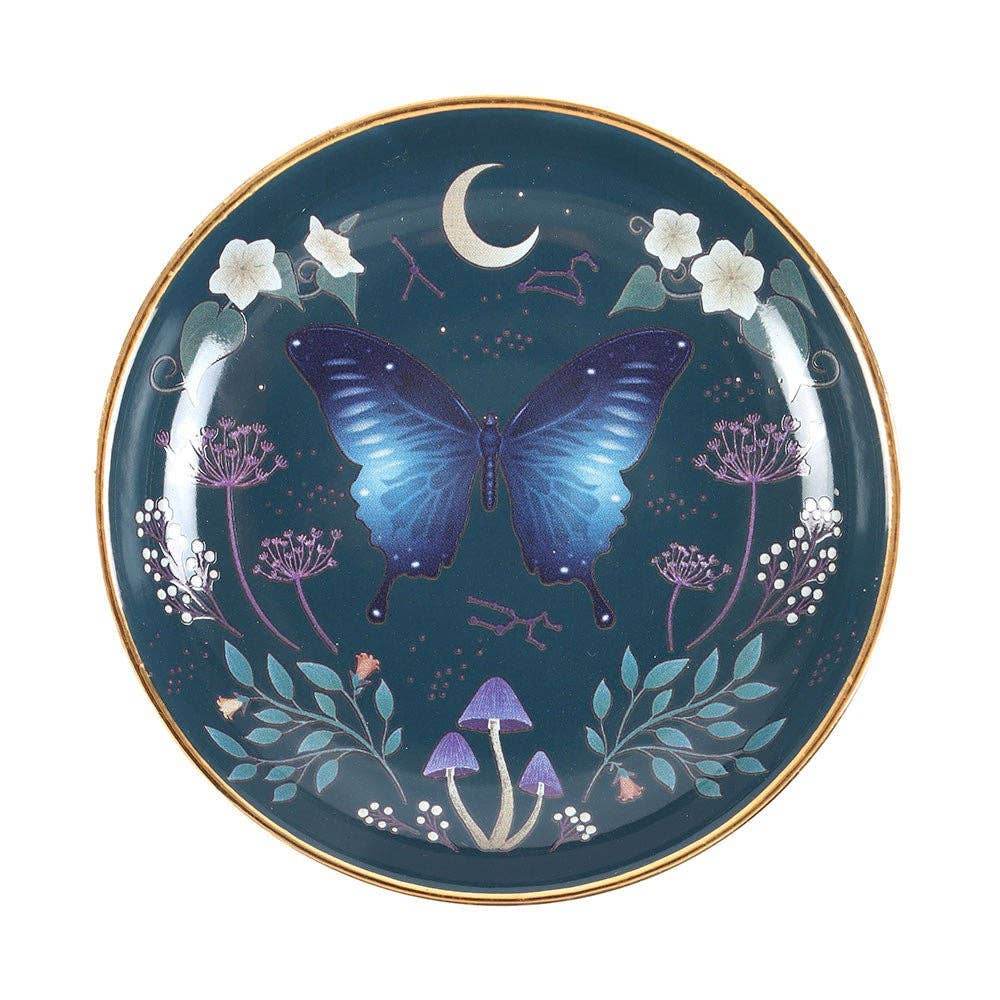 Midnight Moth Celestial Trinket Dish featuring blue night sky moth design with floral details and metallic gold edging for gothic home decor
