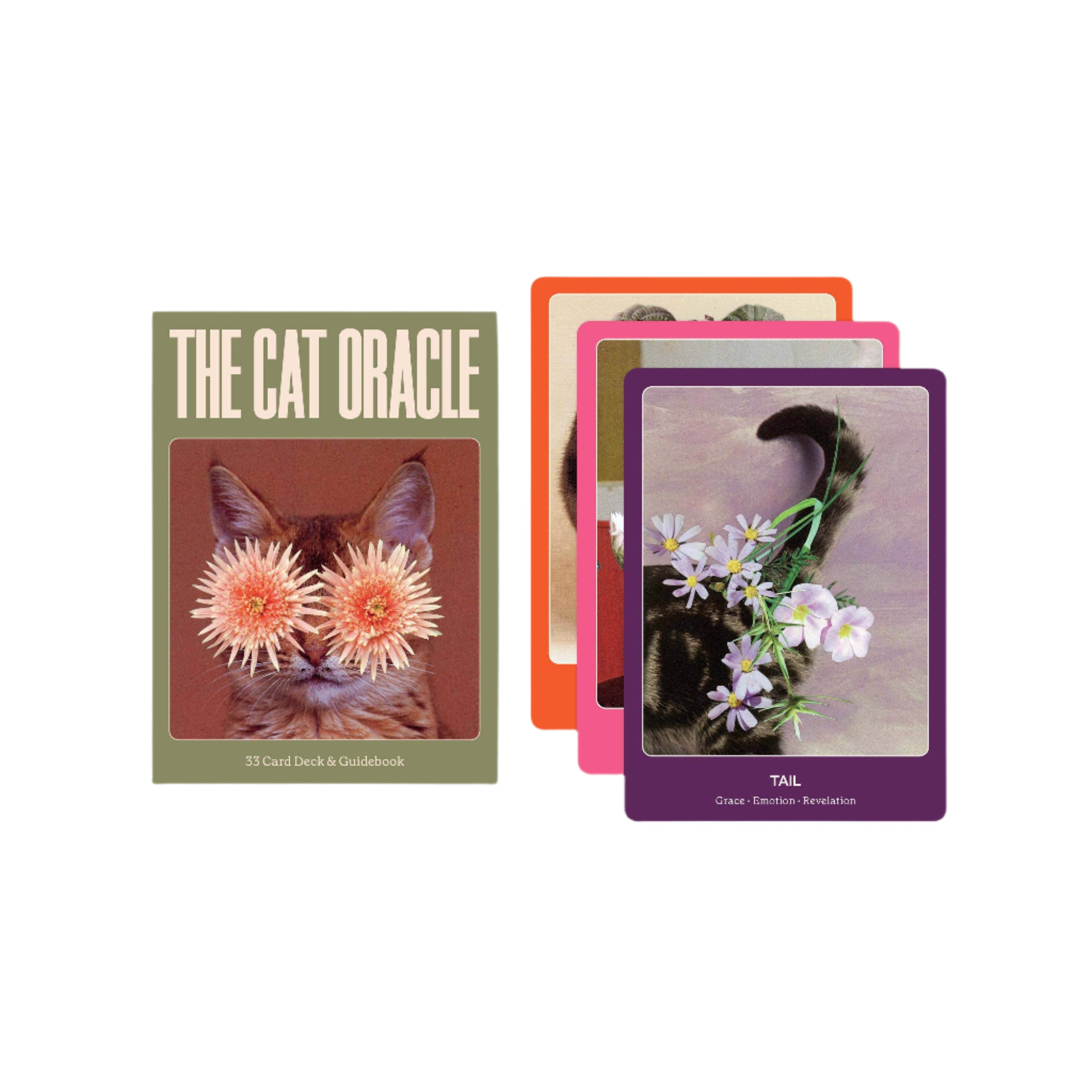Cat Oracle card set with colorful cards and a guidebook on a white background