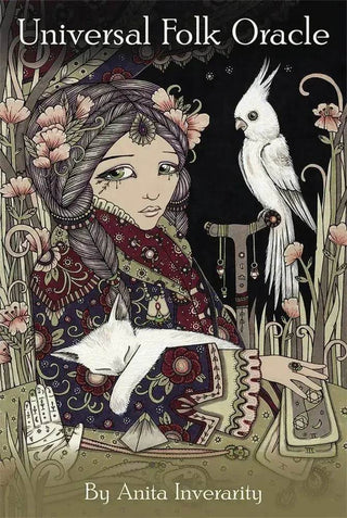 Universal Folk Oracle deck with 44 diverse feminine wisdom cards featuring culturally inclusive folk art and crystal healing recommendations