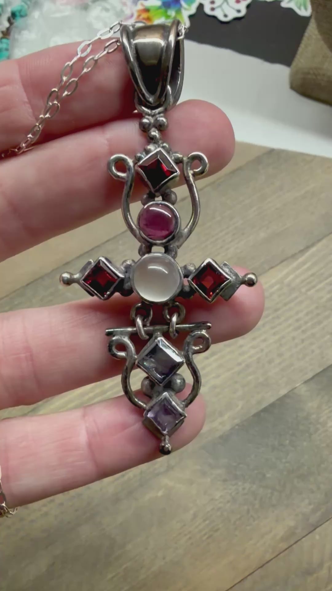 Vintage Artisan Bali 925 Silver Cross Pendant, Moonstone, Garnet & Amethyst