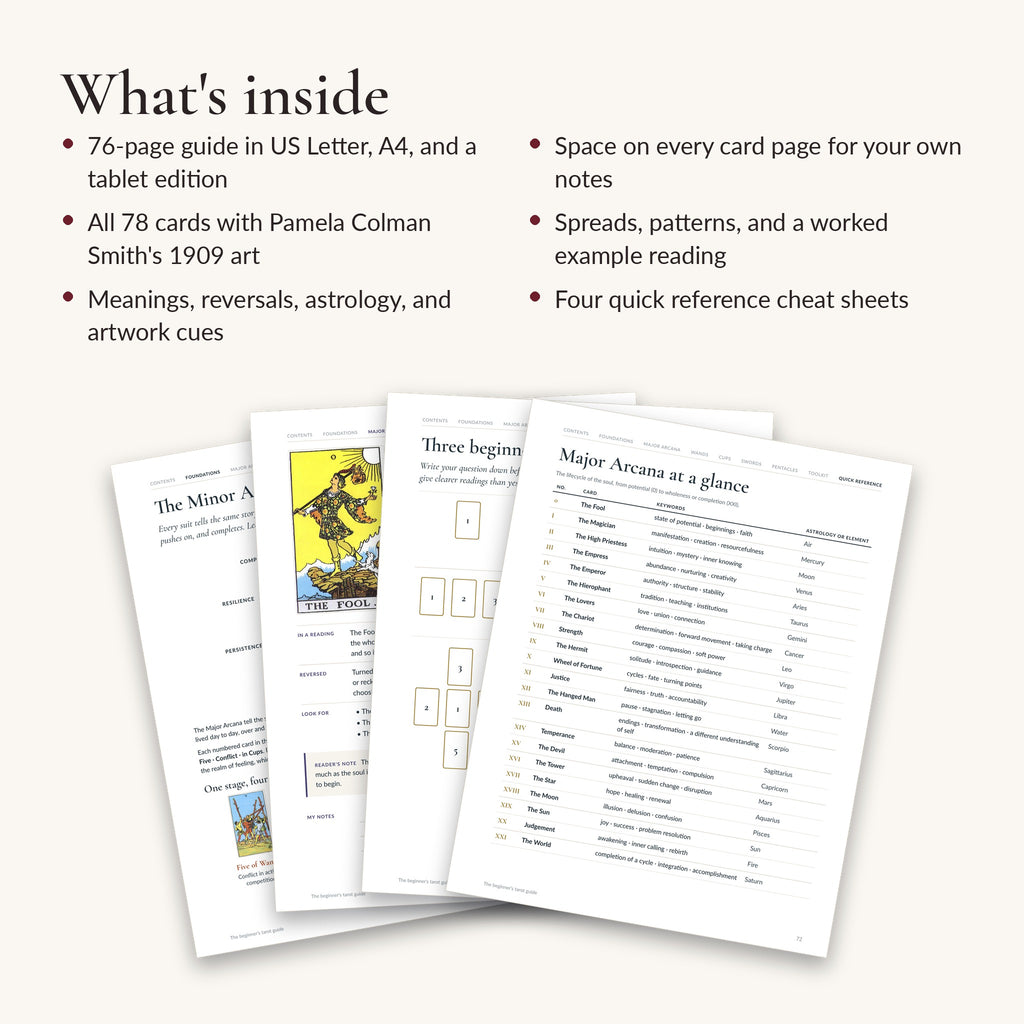 Beginner tarot guide PDF: 78 card meanings, printable and digital