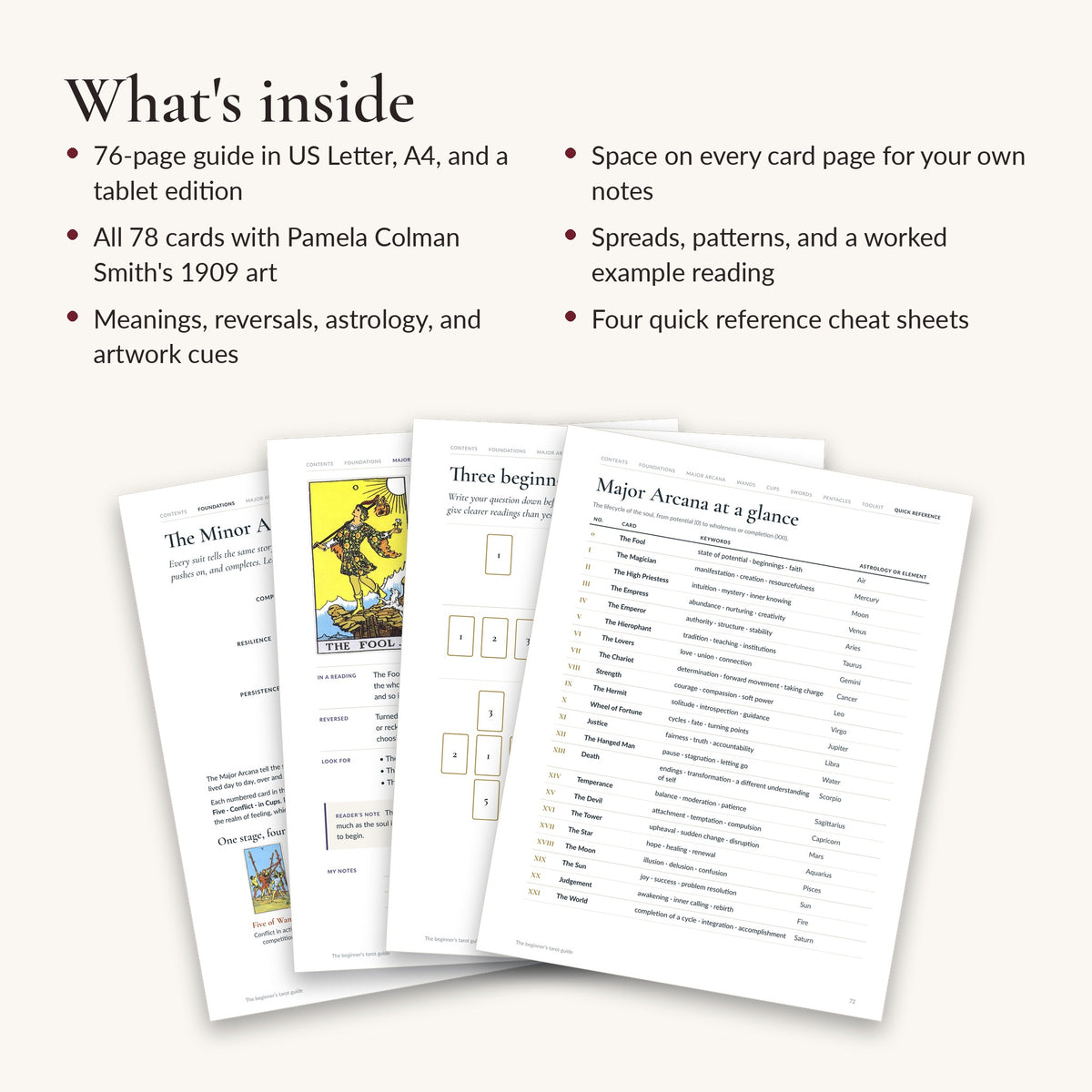 Beginner tarot guide PDF: 78 card meanings, printable and digital